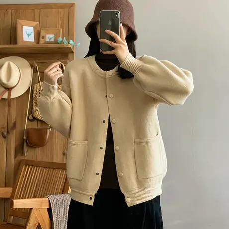 dza 复古短款加厚毛衣外套女士2023冬季洋气宽松长袖针织开衫上衣图片