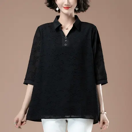 七分袖雪纺衫女夏季新款加肥加大码女装宽松中年妈妈翻领显瘦上衣商品大图