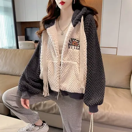 羊羔毛外套女秋冬韩版宽松加绒加厚小个子撞色百搭羊羔绒开衫卫衣商品大图