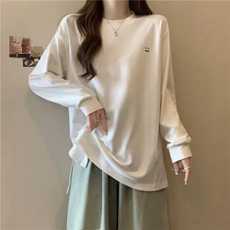 刺绣德绒打底衫女秋冬加绒加厚内搭外穿宽松长袖T恤开叉下摆上衣商品大图