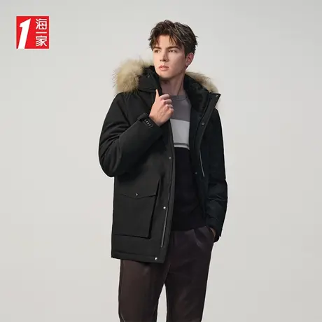 海一家保暖鹅绒外套冬季质感毛条连帽青春休闲活力中长款羽绒服男商品大图