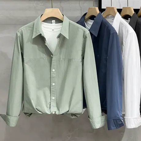 2023年秋冬季净色简约纯棉男士长袖衬衫宽松文艺衬衣男外套外穿潮商品大图
