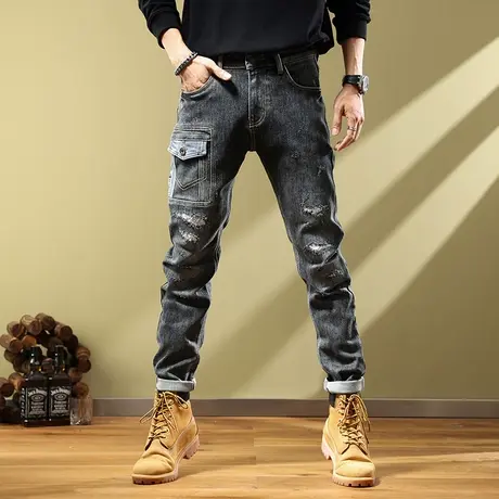 秋冬新款高街潮牌破洞牛仔裤男韩版潮流黑灰色百搭修身小脚长裤子商品大图