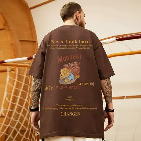 美式复古咖啡色T恤男街头潮流bf风百搭休闲宽松纯棉短袖大码半袖图片