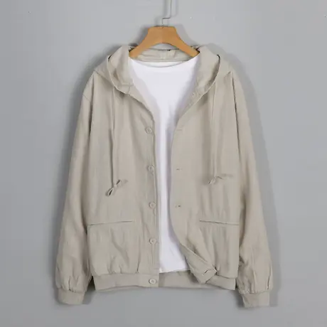 休闲夹克男春秋季连帽青年上衣宽松长袖卫衣棉麻时尚男士外套潮流图片