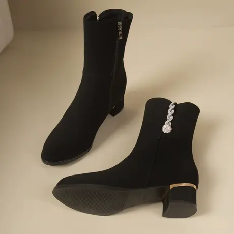 粗跟马丁靴女2023新款冬季时装靴中筒靴子时尚百搭高跟鞋磨砂短靴图片