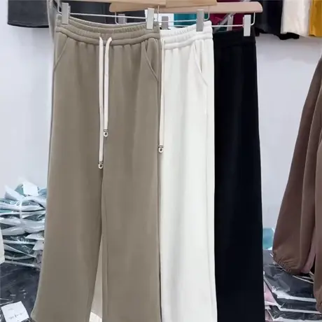 欧货高腰加绒加厚窄版阔腿休闲裤女2023秋冬纯色松紧腰宽松拖地裤商品大图