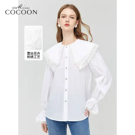 miss COCOON法式双层娃娃领衬衫2023秋新款女拼接蕾丝花边上衣图片