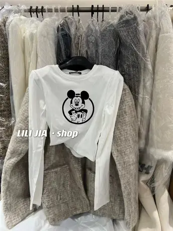 秋冬新款卡通印花长袖t恤女加绒加厚纯欲辣妹修身内搭打底衫上衣商品大图