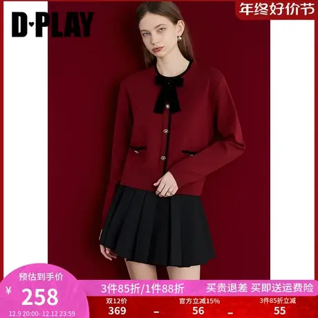 DPLAY春小香风红色拼色可脱卸撞色蝴蝶结针织套头毛衣女图片