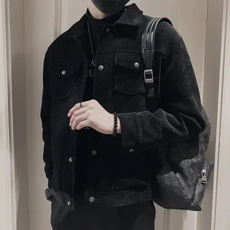 高级感夹克春秋季潮流灯芯绒男褂子2023新款潮牌短款纯色工装外套商品大图