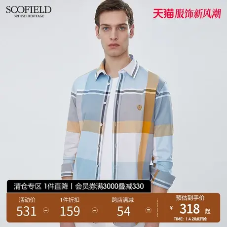 SCOFIELD男士格子衬衣春季拼色格纹时尚新疆棉男休闲长袖衬衫商品大图