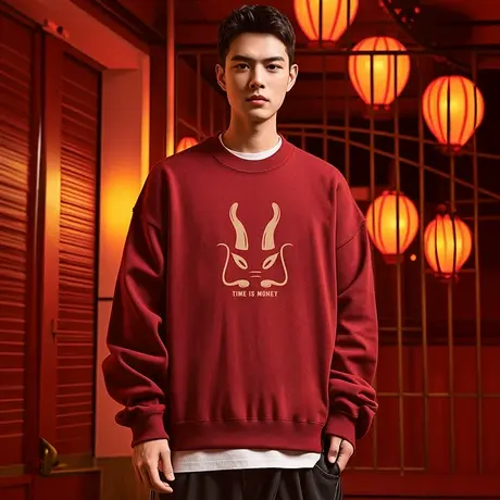 2024新年红色圆领卫衣春秋冬季龙年本命年加绒大码男生情侣装无帽图片