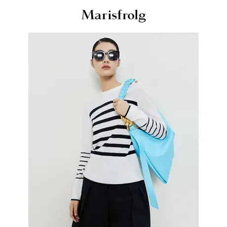 【纯羊毛针织衫】玛丝菲尔针织衫2023春季新款条纹套头针织毛衣商品大图