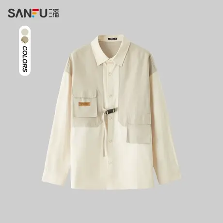 三福2024春季男士工装口袋假两件长衬衫 户外翻领上衣男482699图片