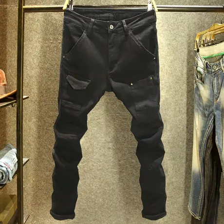 纯黑色工装牛仔裤男款修身小脚裤2024新款潮牌个性小口袋设计长裤商品大图