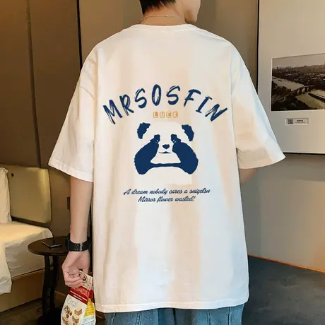 古着感vintage短袖T恤男潮牌美式复古小熊猫上衣宽松夏季纯棉体恤图片