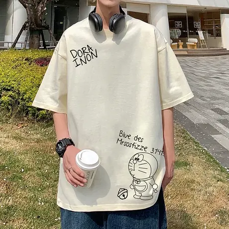 多啦A梦t恤男夏季新款纯棉短袖体恤oversize潮流运动美式休闲半袖商品大图
