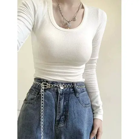 U领白色打底衫女秋冬内搭大码显瘦t恤辣妹纯欲风短款长袖紧身上衣商品大图