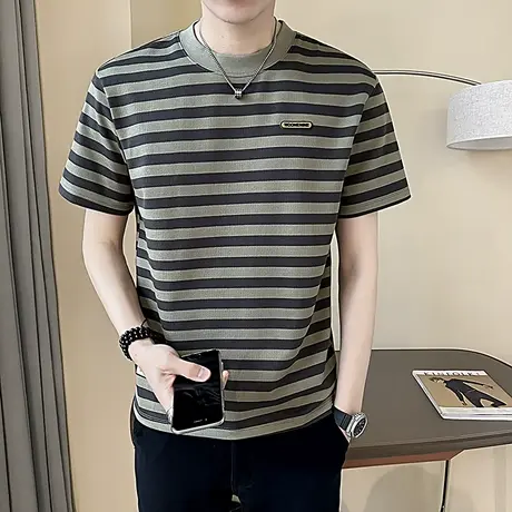 短袖T恤男夏季2024新款ins韩版修身条纹圆领上衣休闲夏天半袖体恤商品大图