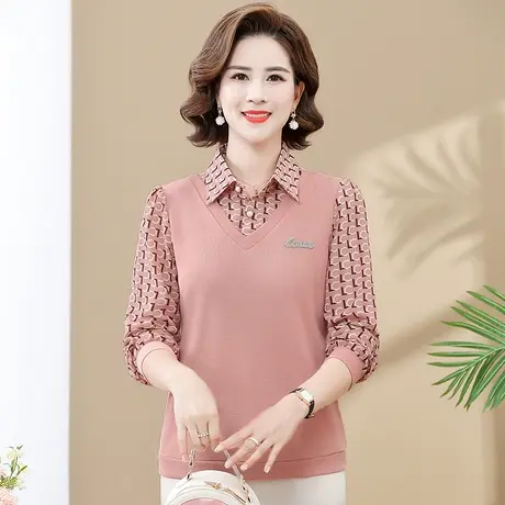 妈妈春装雪纺衬衫中年妇女春秋长袖T恤上衣中老年女装假两件衬衣图片