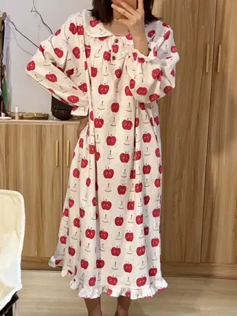 全棉磨毛复古苹果睡裙长袖秋冬圣诞可爱娃娃领连衣裙商品大图