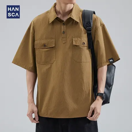 hansca美式复古短袖衬衫男士polo衫夏季薄款潮牌冰丝宽松工装衬衣商品大图