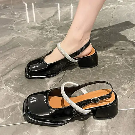 包头凉鞋女夏季2024年新款网红时尚水钻中粗跟后空法式玛丽珍单鞋商品大图