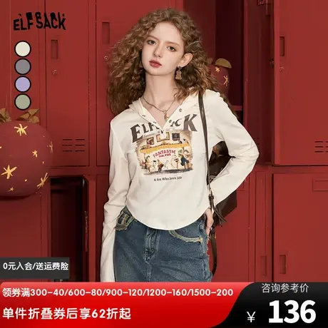 妖精的口袋连帽印花短款t恤女2024春秋新款美式复古bm风辣妹上衣图片