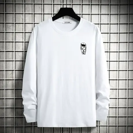 秋季长袖t恤男纯棉白色上衣服内搭打底衫宇航员印花全棉圆领秋衣商品大图