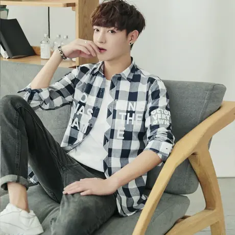 格子长袖衬衫男士青少年韩版修身潮流寸衣学生春秋季ins外套衣服商品大图