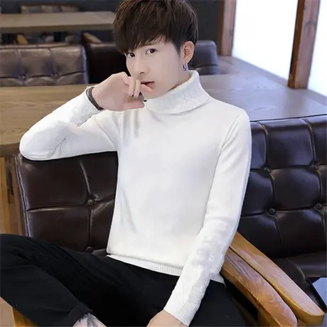 2023冬季新款高领毛衣男生韩版潮修身针织衫加绒加厚纯色保暖毛衫商品大图