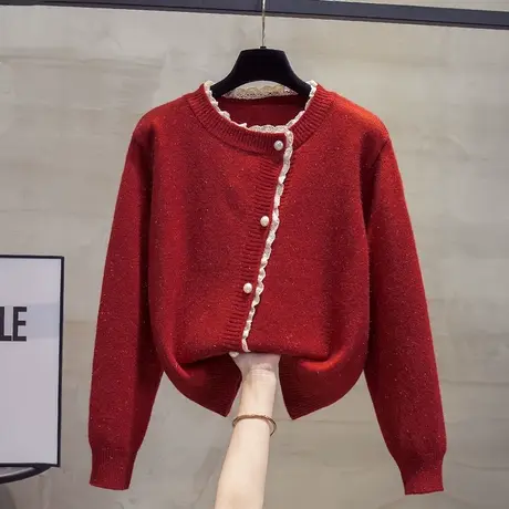 圆领蕾丝针织开衫女2023秋装新款宽松外穿亮丝上衣外搭毛衣外套潮图片