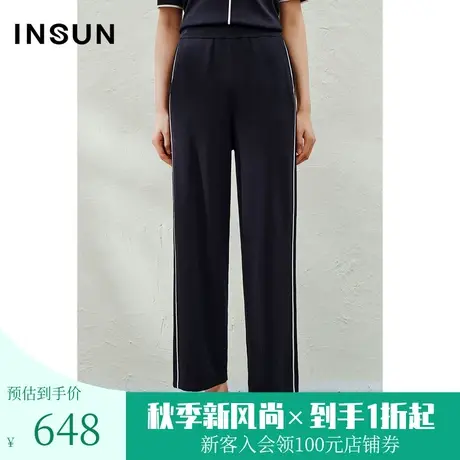 恩裳2023夏季新款丝滑透气天蚕丝休闲裤简约撞色边直筒裤商品大图