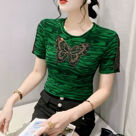 时尚性感镂空T恤女短袖洋气网纱拼接小衫别致圆领修身上衣设计感商品大图