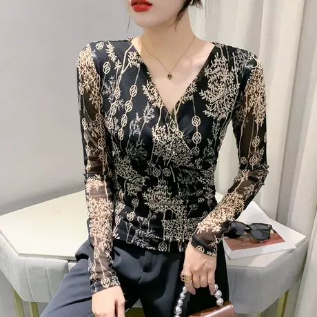 早秋新款性感V领网纱T恤女长袖气质复古印花上衣收腰内搭打底衫潮商品大图