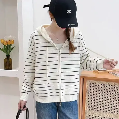2023秋季新款女条纹拉链连帽针织衫开衫外套上衣宽松薄款休闲卫衣图片