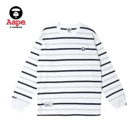Aape旗舰店男装秋冬简约猿颜徽章印花潮流舒适条纹长袖T恤1370XAL商品大图