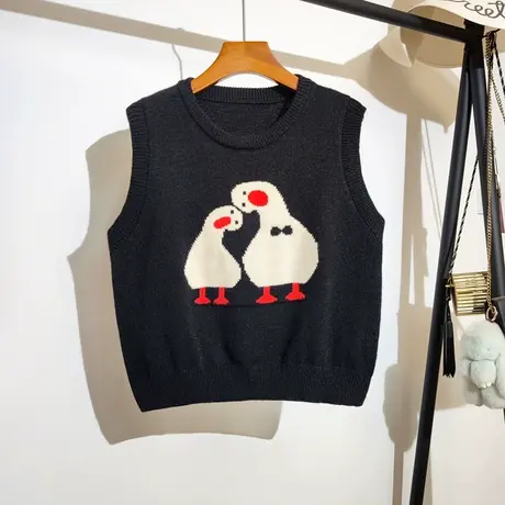 卡通针织背心马甲女秋冬新款宽松圆领叠穿学院风无袖毛衣坎肩外穿商品大图