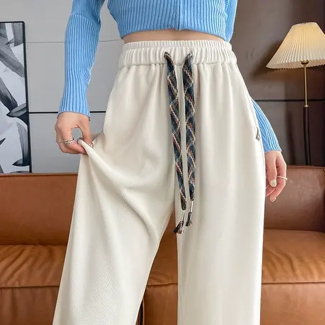 休闲阔腿裤女2023秋季高腰宽松直筒裤抽绳设计感小个子垂感拖地裤图片