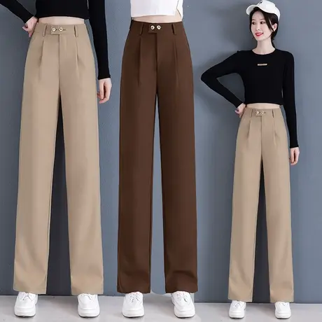 卡其色西装裤女2023早秋新款高腰直筒休闲裤子宽松紧腰垂感阔腿裤图片