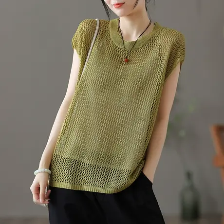 dza 文艺复古针织镂空短袖t恤女士夏薄款外搭连肩袖休闲短款上衣商品大图