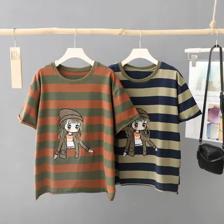 夏季新款宽条纹短袖t恤女文艺贴图刺绣宽松休闲体恤女装大码上衣图片