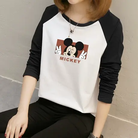 2022秋装新款韩版宽松拼色长袖T恤女学生打底衫纯棉上衣体恤内搭商品大图