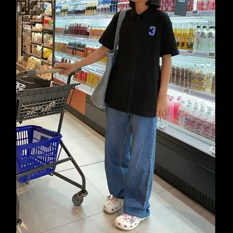 红续小众设计感刺绣字母百搭宽松翻领polo纯棉短袖T恤女上衣ins潮图片