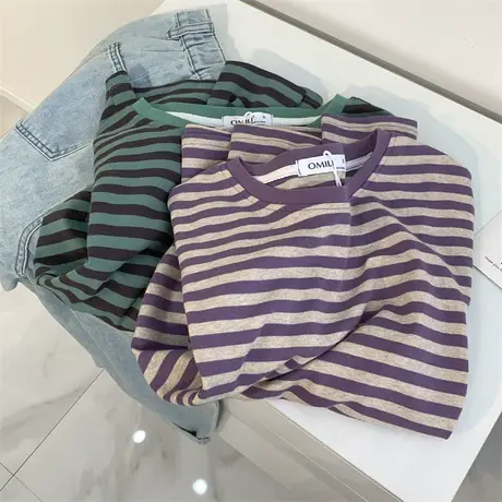 全棉磨毛长袖条纹圆领T恤打底衫条纹控秋季内搭外穿上衣打底衫潮商品大图