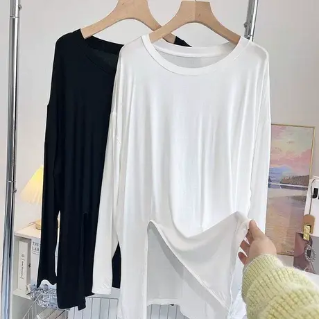 中长款莫代尔下摆开叉T恤女春夏洋气宽松设计感遮屁股休闲上衣潮图片