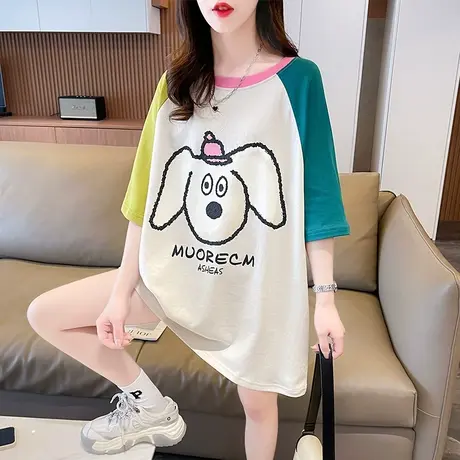 小众设计感短袖t恤女夏季韩版宽松大码女装中长款拼色半袖上衣服图片