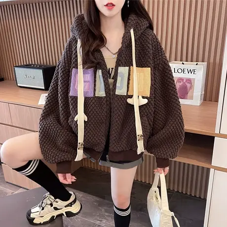 羊羔毛外套女秋冬季韩版宽松加绒加厚小个子双面绒短款开衫卫衣潮商品大图