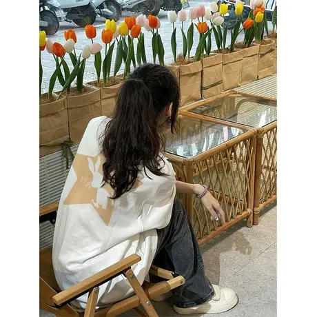纯棉重磅设计感兔子印花短袖t恤女2023新款春夏潮牌宽松大码上衣图片